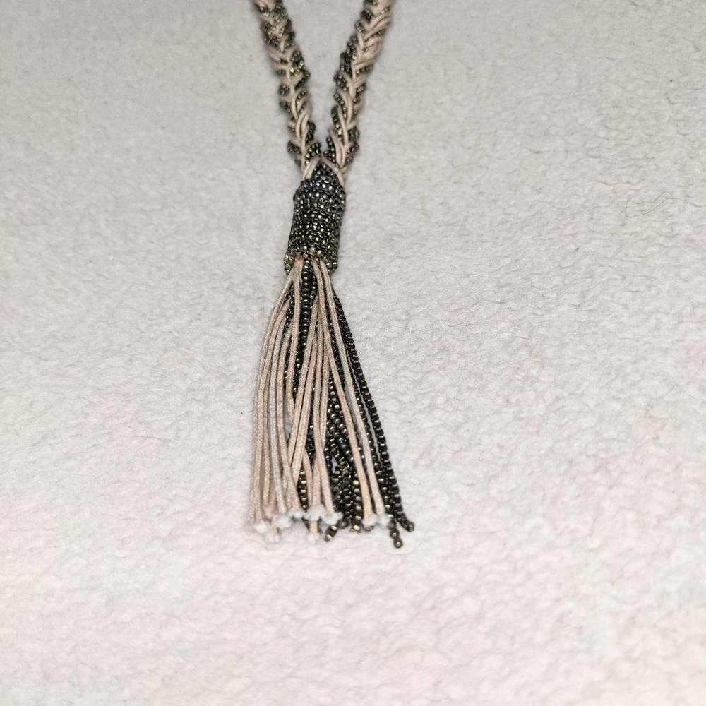 LOFT Braided long necklace sparkle Holidays box chain links cording tassel - Picture 5 of 7
